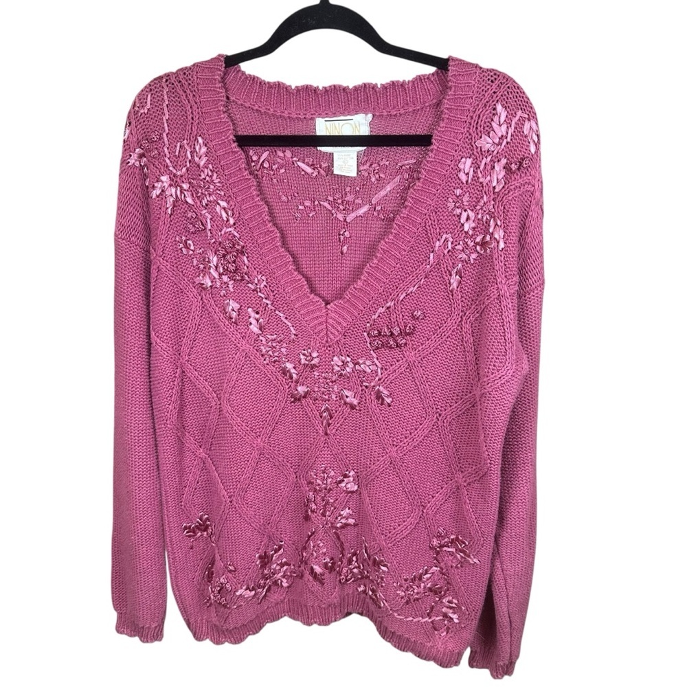 Fairycore Pink Embroidered Knit Sweater Y2K Valentine‎ Cottagecore L Feminine